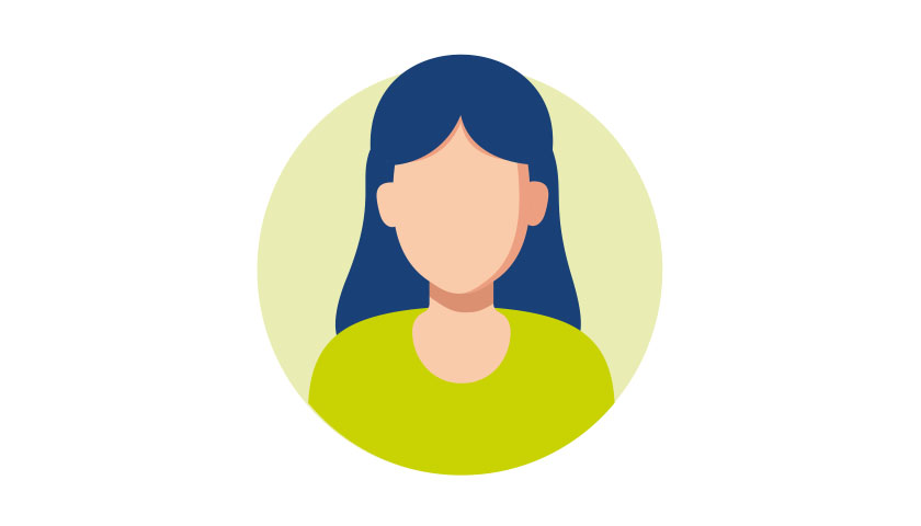 Flat vector avatar illustration of a person with a light skin tone and long, straight blue hair. The figure is faceless, wearing a lime green top, and positioned against a soft circular background in a clean, minimalist style.