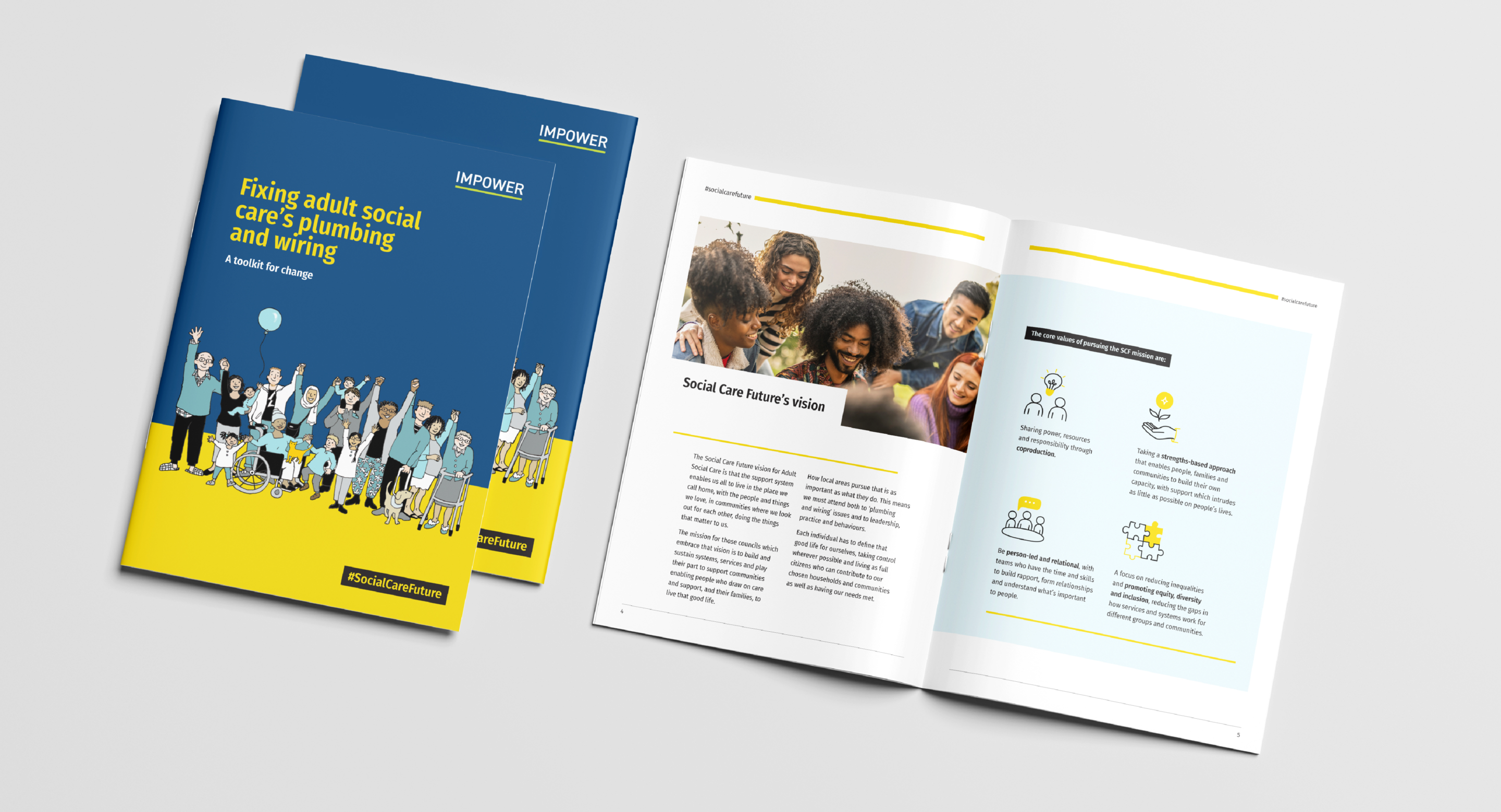 A mock up of the "Fixing adult social care's plumbing and wiring" report showing the front cover and the inside pages.