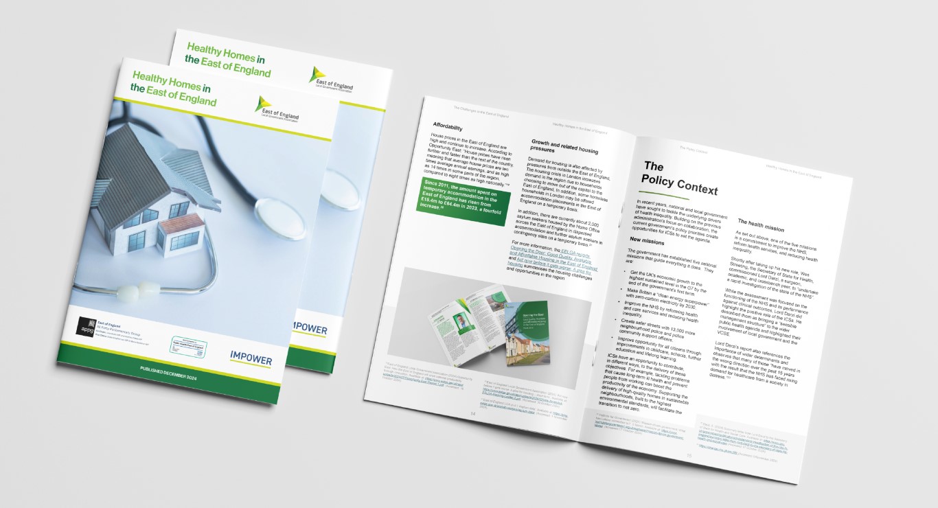 A mock up of the "Healthy Homes in the East of England" report showing the front cover and the Foreword.