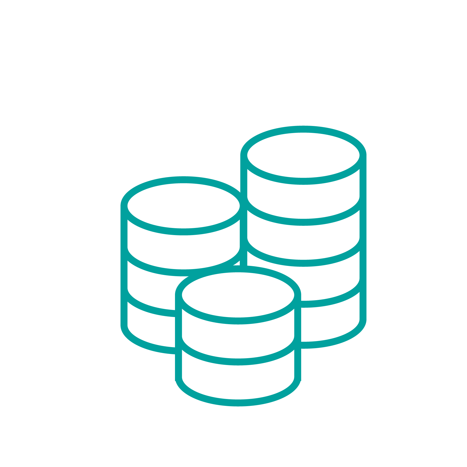 Teal line icon of three stacked cylindrical shapes arranged in a cluster, representing coins.