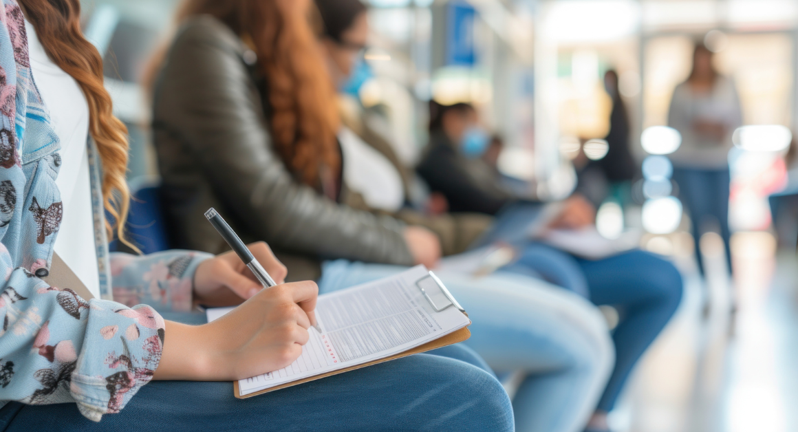 A group of people seated in a waiting area, filling out forms on clipboards. The focus is on a person in the foreground writing, with others seated in a row behind them.