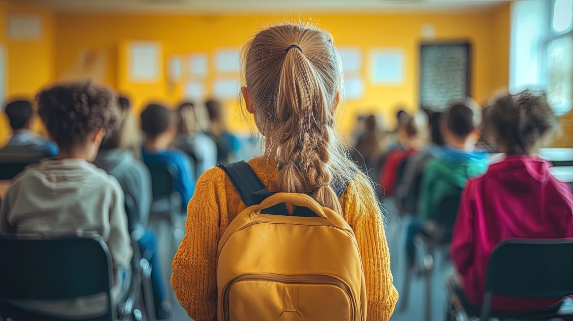 A colour photograph showing the back of a young child seated in a classroom, wearing a yellow jumper and a matching backpack, with their hair tied back in a ponytail. The child faces the front of the room alongside other children seated in rows, softly out of focus. The classroom walls are warm yellow, creating a bright, welcoming learning environment.