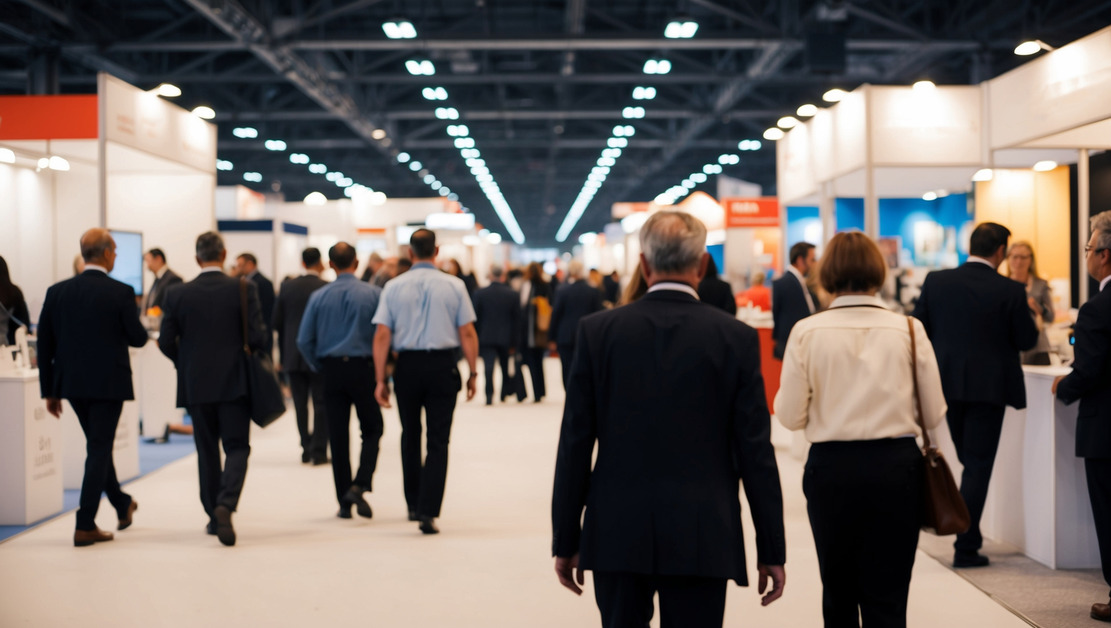 Attendees walking through a busy exhibition hall at a professional healthcare conference, engaging with various booths and displays.