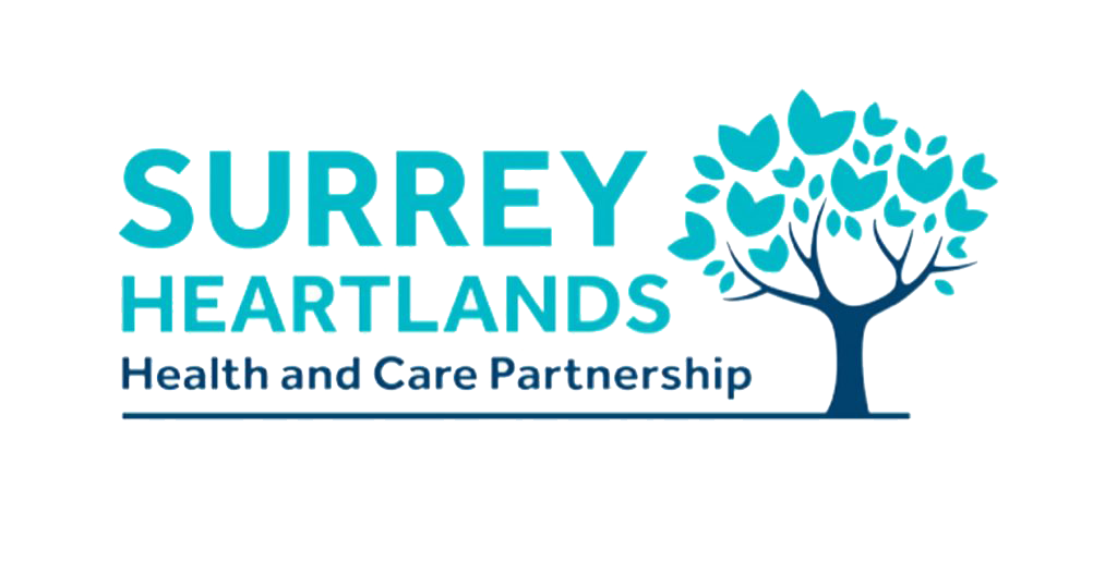 Surrey Heartlands Health and Care Partnership logo, featuring the words “Surrey Heartlands” in teal and “Health and Care Partnership” beneath, alongside a stylised tree with heart-shaped leaves in teal and blue.