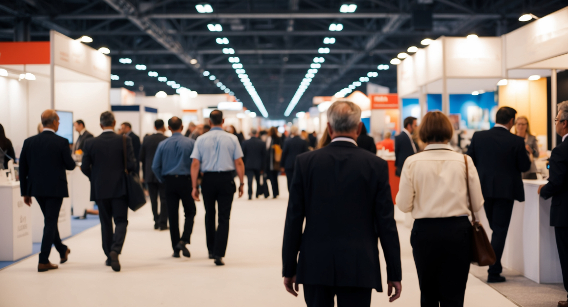 Attendees walking through a busy exhibition hall at a professional healthcare conference, engaging with various booths and displays.