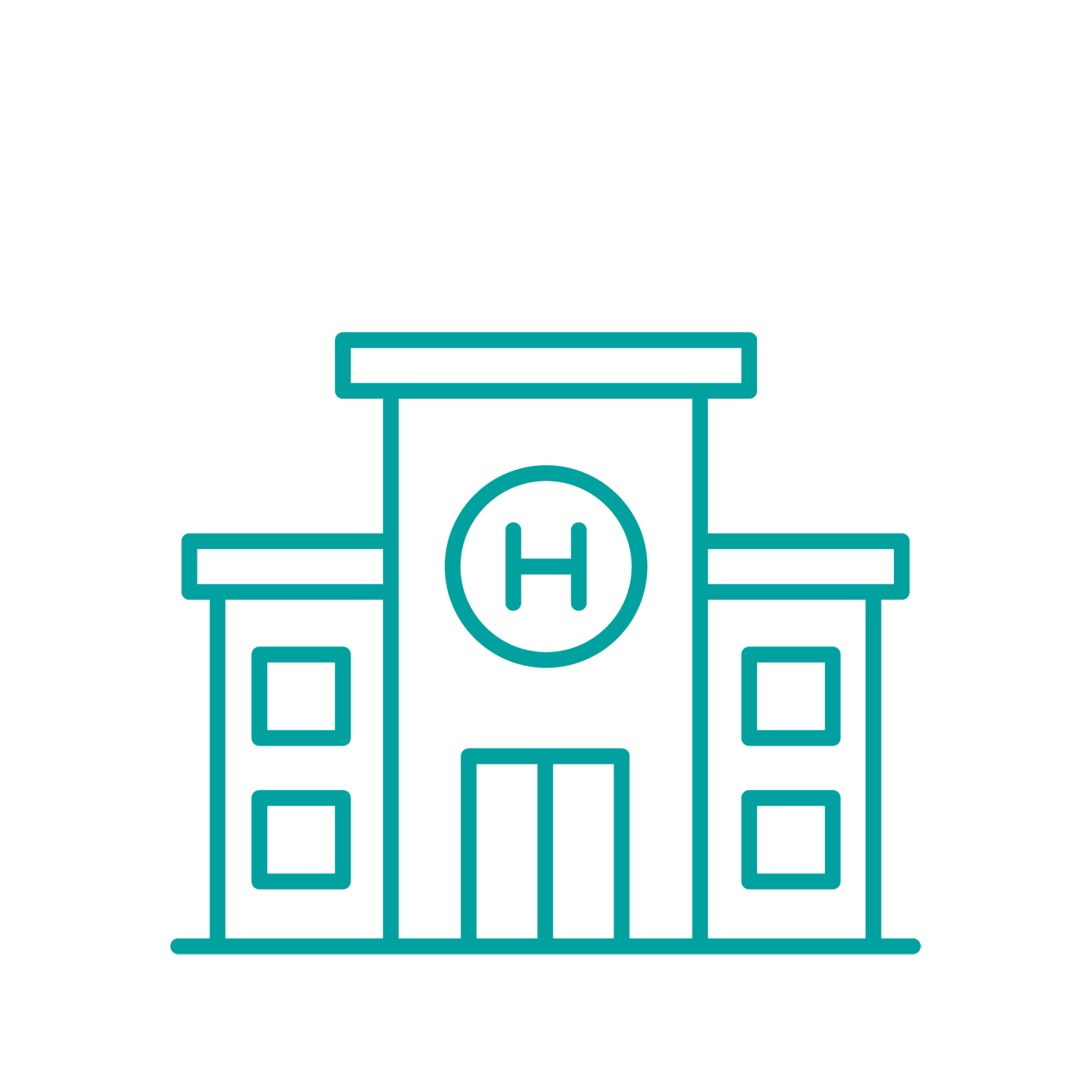 A line icon of a hospital building with a central entrance and an “H” symbol above the doors, flanked by two smaller wings. The graphic represents healthcare infrastructure, hospital facilities, or capital programmes related to health services and estates.