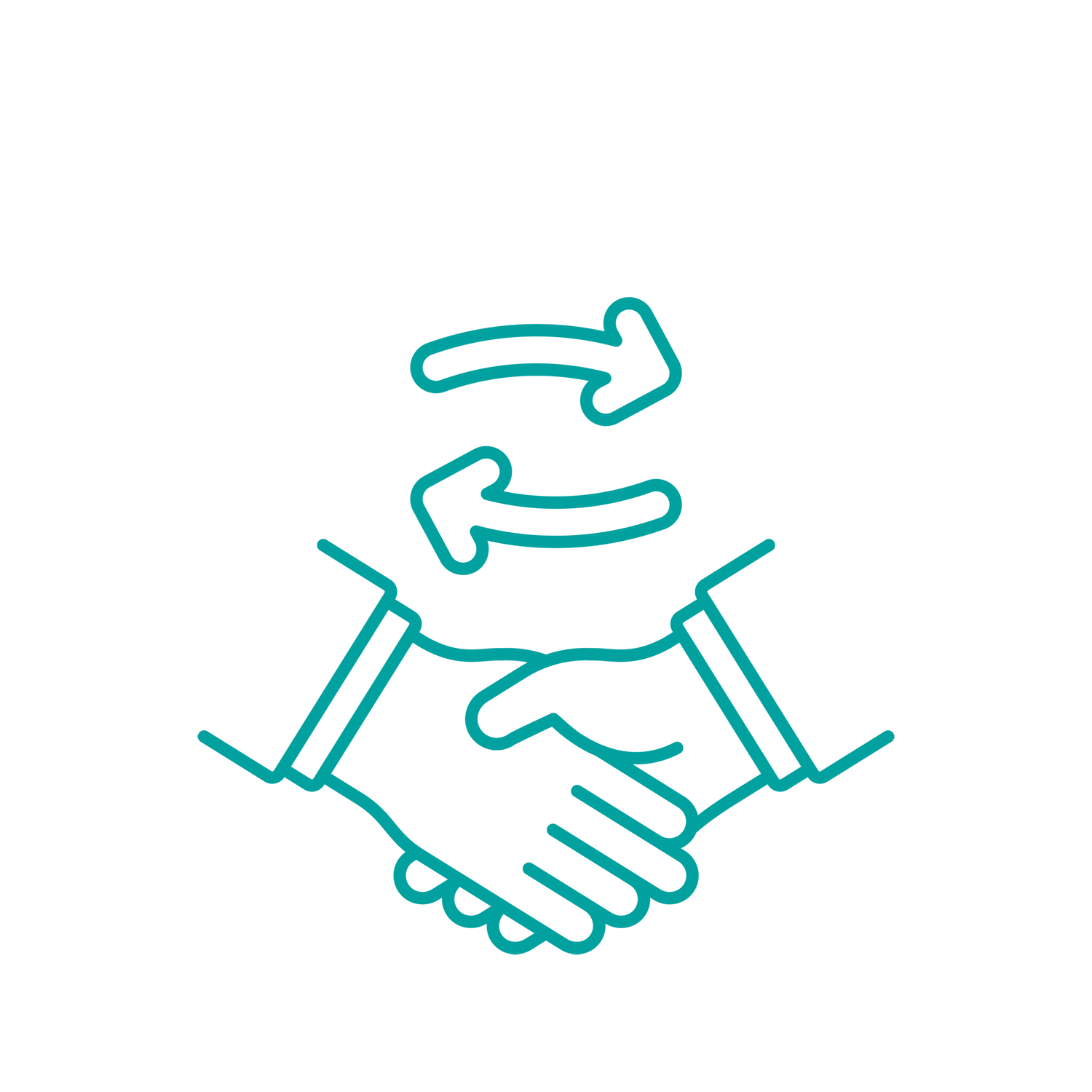 A line icon showing two people shaking hands, with two curved arrows above their heads pointing in opposite directions, suggesting collaboration, exchange, or partnership. The graphic represents mutual working, shared responsibility, or iterative collaboration, commonly associated with commissioning, co-production, or joint working.