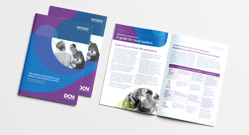A set of IMPOWER and DCN-branded reports shown on a light background. On the left, two overlapping report covers in blue and purple read “The power of prevention and place in new unitary councils,” featuring a black-and-white photo of people in conversation. On the right, an open report spread shows pages titled “A guide for local leaders,” with columns of text, tables, and small images illustrating collaborative working and local context analysis.