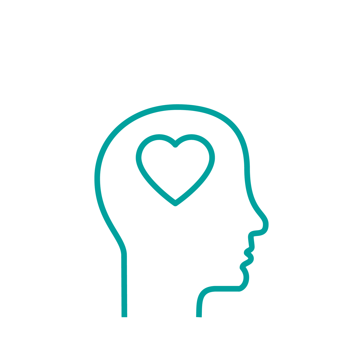 A line icon showing the side profile of a human head with a heart shape inside the brain area. The graphic represents mental health, emotional wellbeing, compassion, and person-centred care.