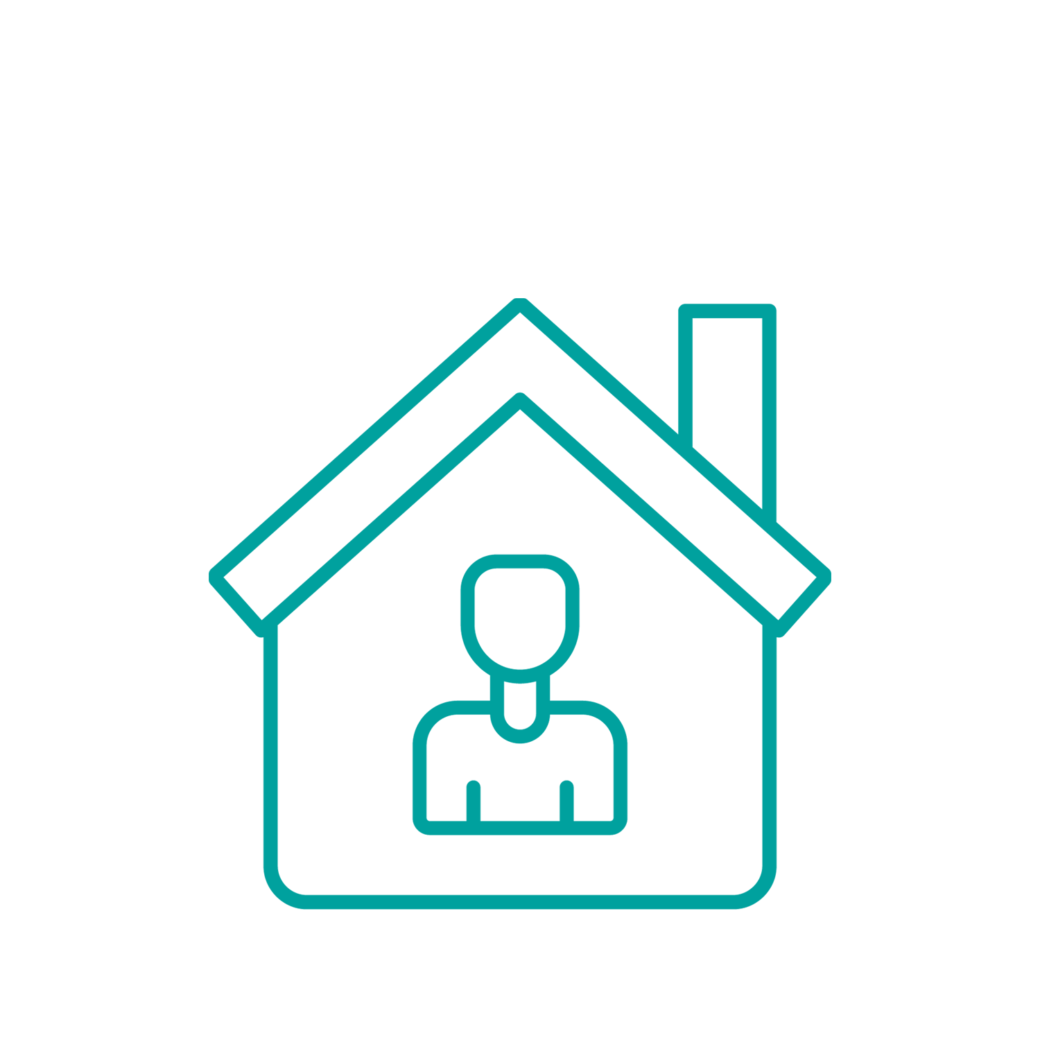 A line icon of a house with a person shown inside it. The graphic represents neighbourhood-based care, care delivered close to home, community services, or localised support centred around individuals in their home environment.
