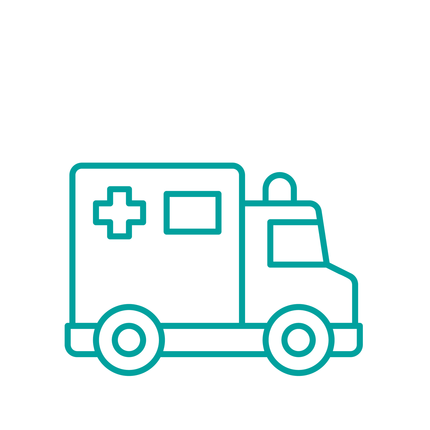 A line icon of an ambulance vehicle with a medical cross on the side and a light on the roof. The graphic represents urgent and emergency care, emergency medical services, or rapid healthcare response and transport.