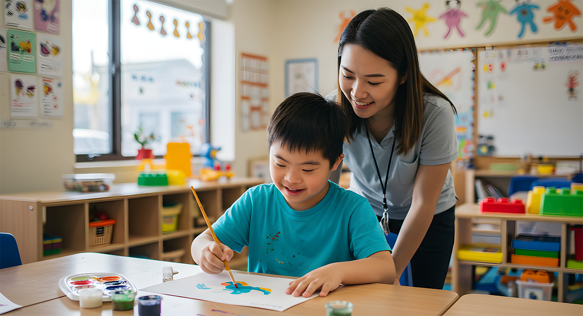 Smiling young boy with Down syndrome painting at a classroom table, supported by a teacher who is gently leaning in and encouraging him. The room is bright and colorful, filled with educational toys and children’s artwork on the walls.