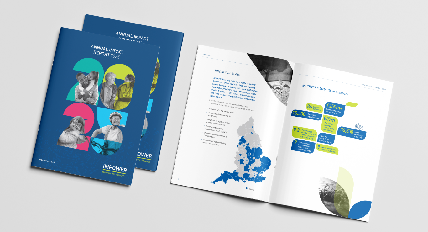 Two copies of the IMPOWER Annual Impact Report 2025 are shown on the left with a blue cover featuring the number “20” formed from coloured shapes and black-and-white photos of people; on the right, the report is open to pages showing a UK map and colourful infographic statistics on impact and reach.