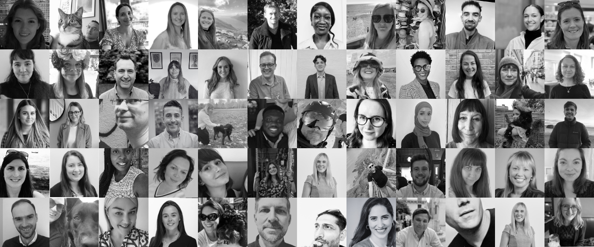 A collage composed of dozens of small, square portrait photographs arranged in a neat grid. The images feature a diverse group of people of different ages, genders, and backgrounds, shown in a mix of head-and-shoulders and close-up portraits. Some are photographed indoors against neutral or home settings, while others appear outdoors in natural or urban environments. Expressions range from relaxed smiles to thoughtful, candid looks, giving a warm and authentic feel. The monochrome treatment unifies the varied images, creating a cohesive, human-centred visual that conveys diversity, connection, and a strong sense of community.