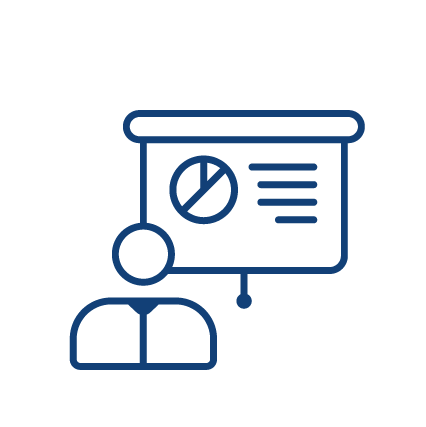 Icon of a person standing beside a presentation screen, representing training, workshops or presentations.